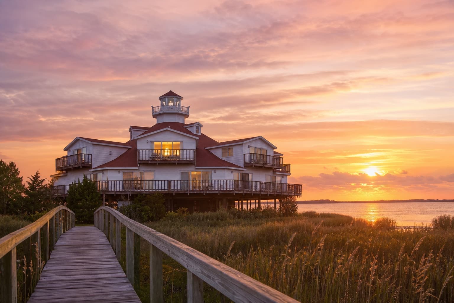 The Lighthouse Club Hotel overlooking the bay at sunset in Ocean City