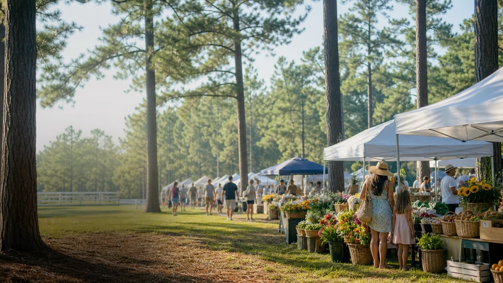 Farmers and artisans market beneath pine trees inspired by White Horse Park