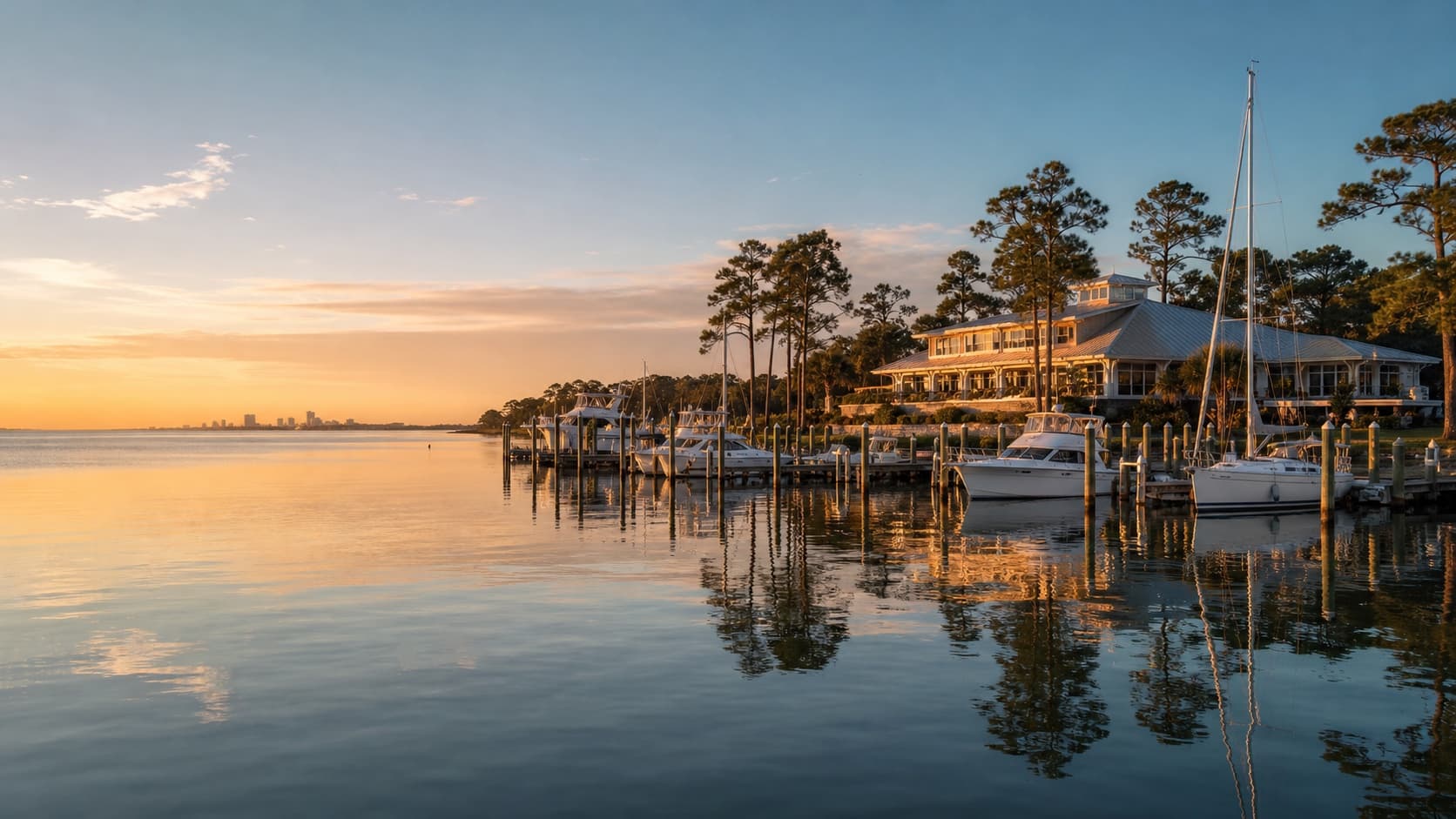 Boats at an Ocean Pines marina in warm evening light