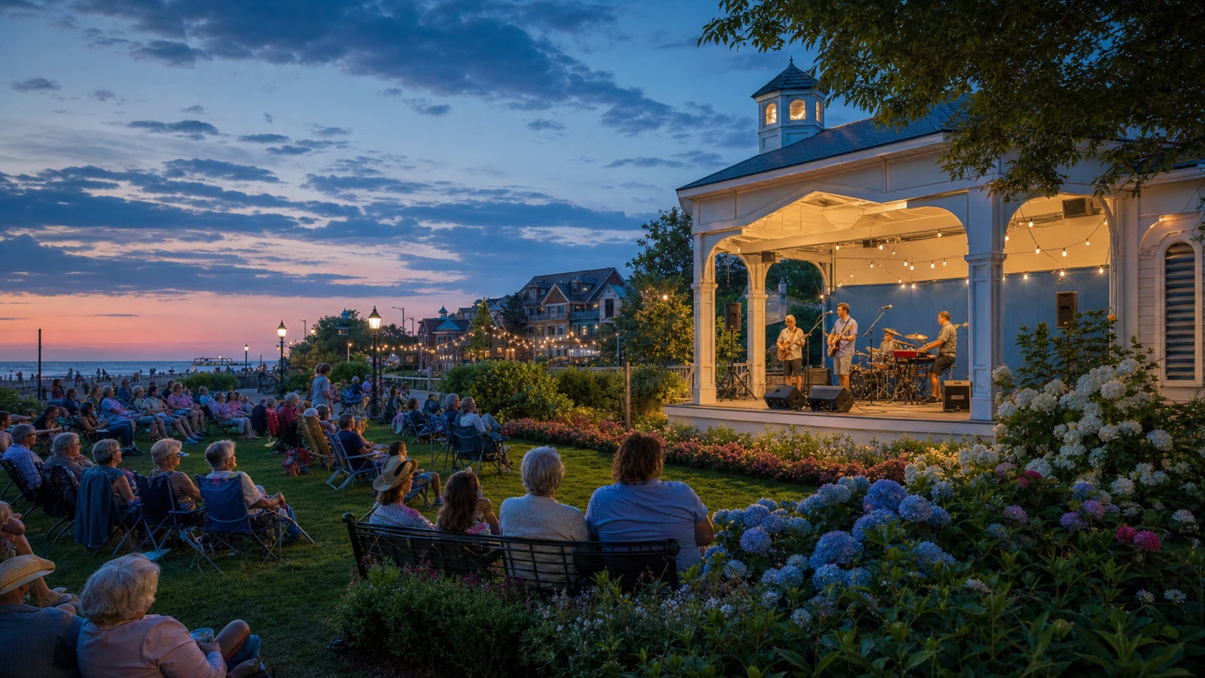 Families enjoying an intimate twilight concert at a flower-filled coastal bandstand