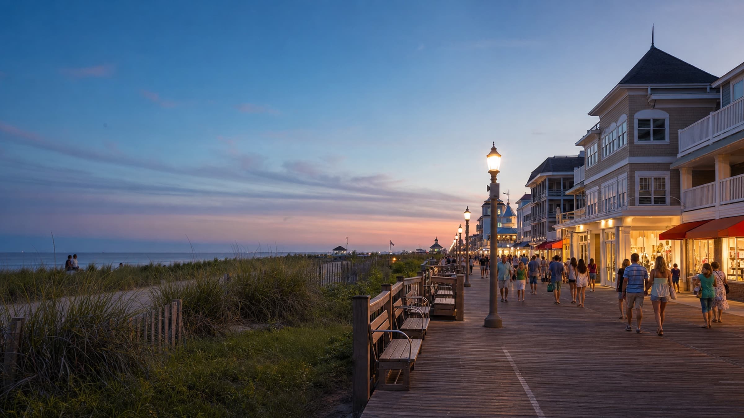 Rehoboth Beach shoreline and boardwalk in evening light
