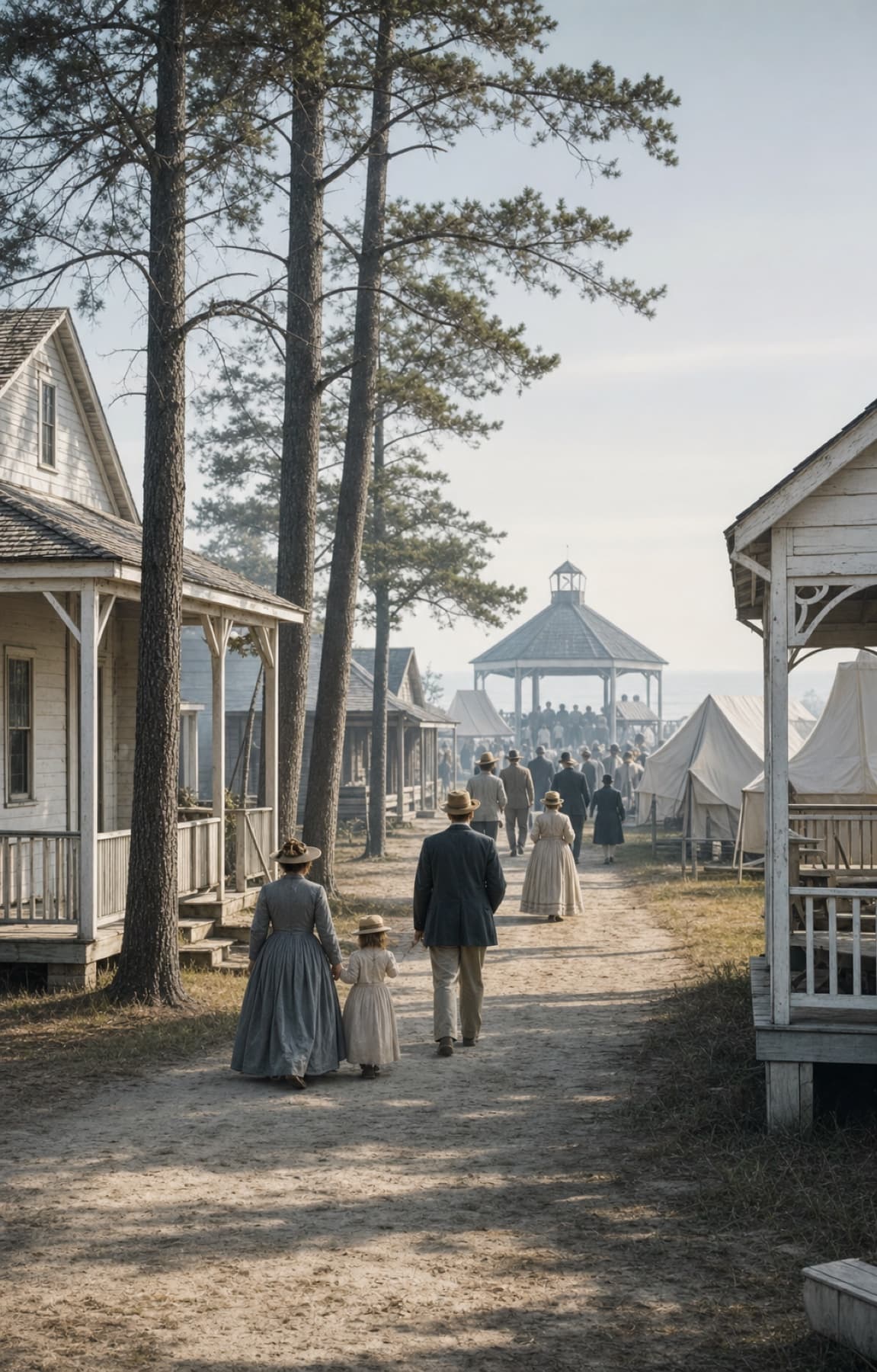 Interpretive scene of Rehoboth Beach’s nineteenth-century seaside camp meeting community
