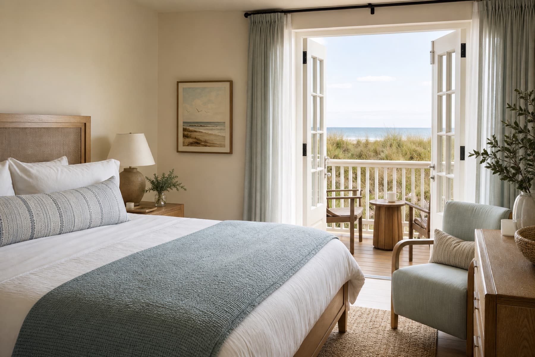 Boutique inn room opening to an ocean-view balcony in Rehoboth Beach