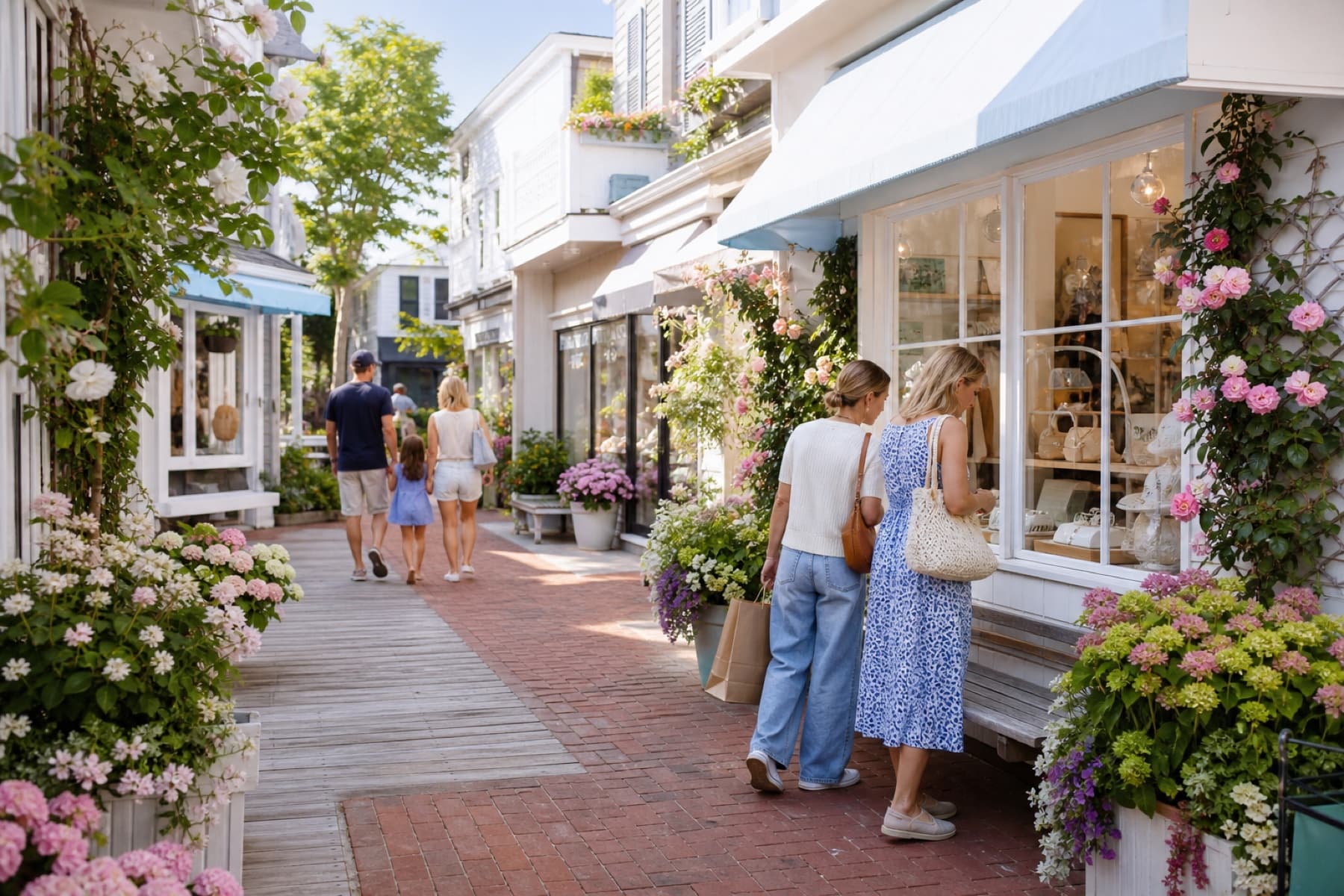 Shoppers exploring a flower-filled lane of independent coastal boutiques