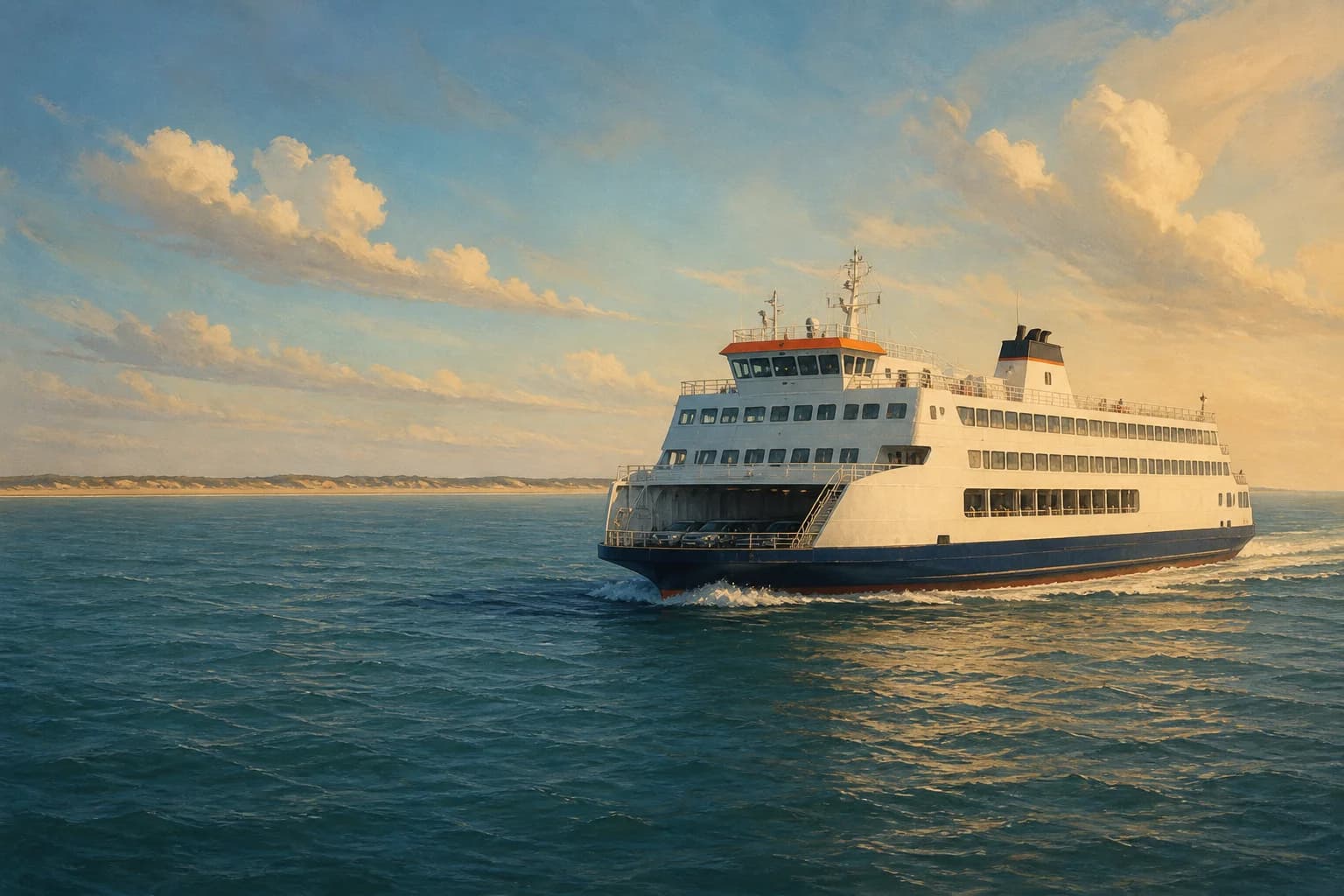 Illustration of a passenger car ferry crossing Delaware Bay in warm afternoon light